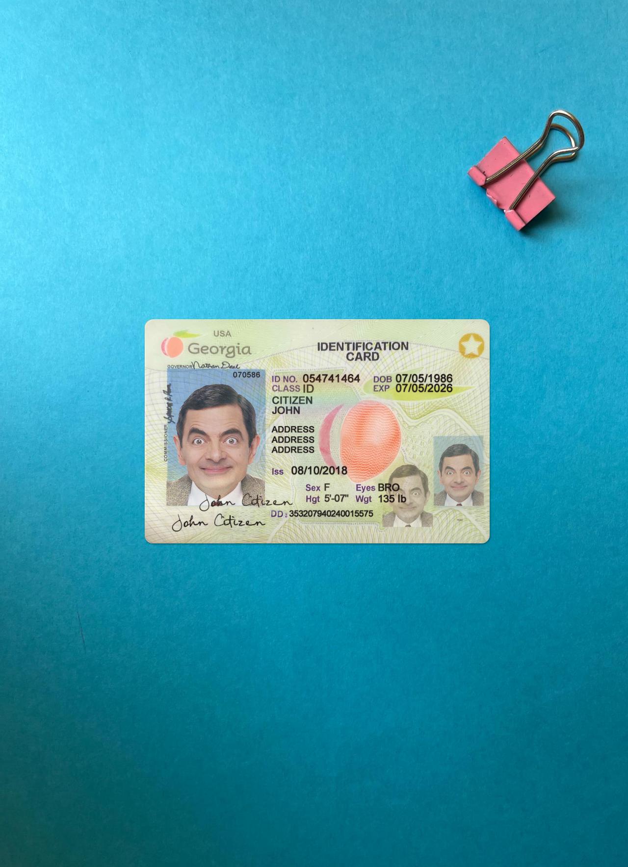 Realistic USA Georgia ID card 2018 present photolook sample